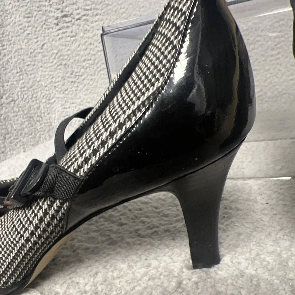 Circa Joan David Heels Women's Sz 8.5 Black‎ Patent Houndstooth T Strap Sandals